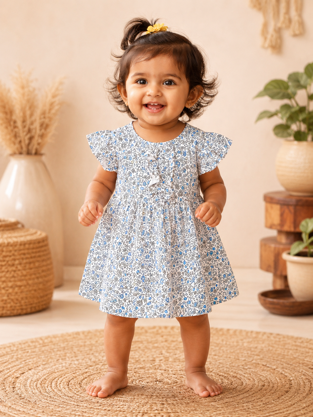 Blue Floral Stylish Frill Frock (6 Months to 36 Months)