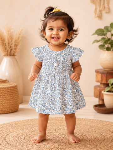 Blue Floral Stylish Frill Frock (6 Months to 36 Months)