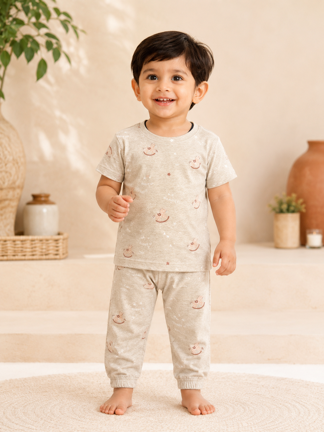Beige Horse Interlock Co-Ord Sets (1 Year to 5 Years)