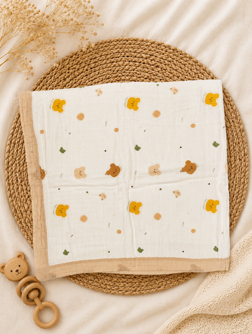 Beige Bear  6-Layer Crinkled Muslin Blanket