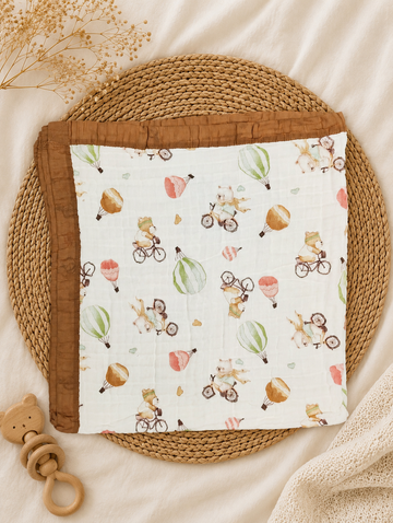 Brown Cycling Teddy 6-Layer Crinkled Muslin Blanket