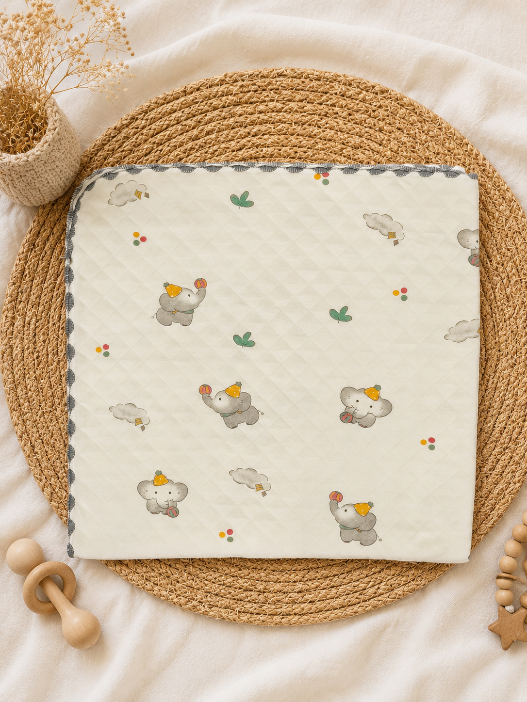 Cream Elephant Quilt Receiving Blanket