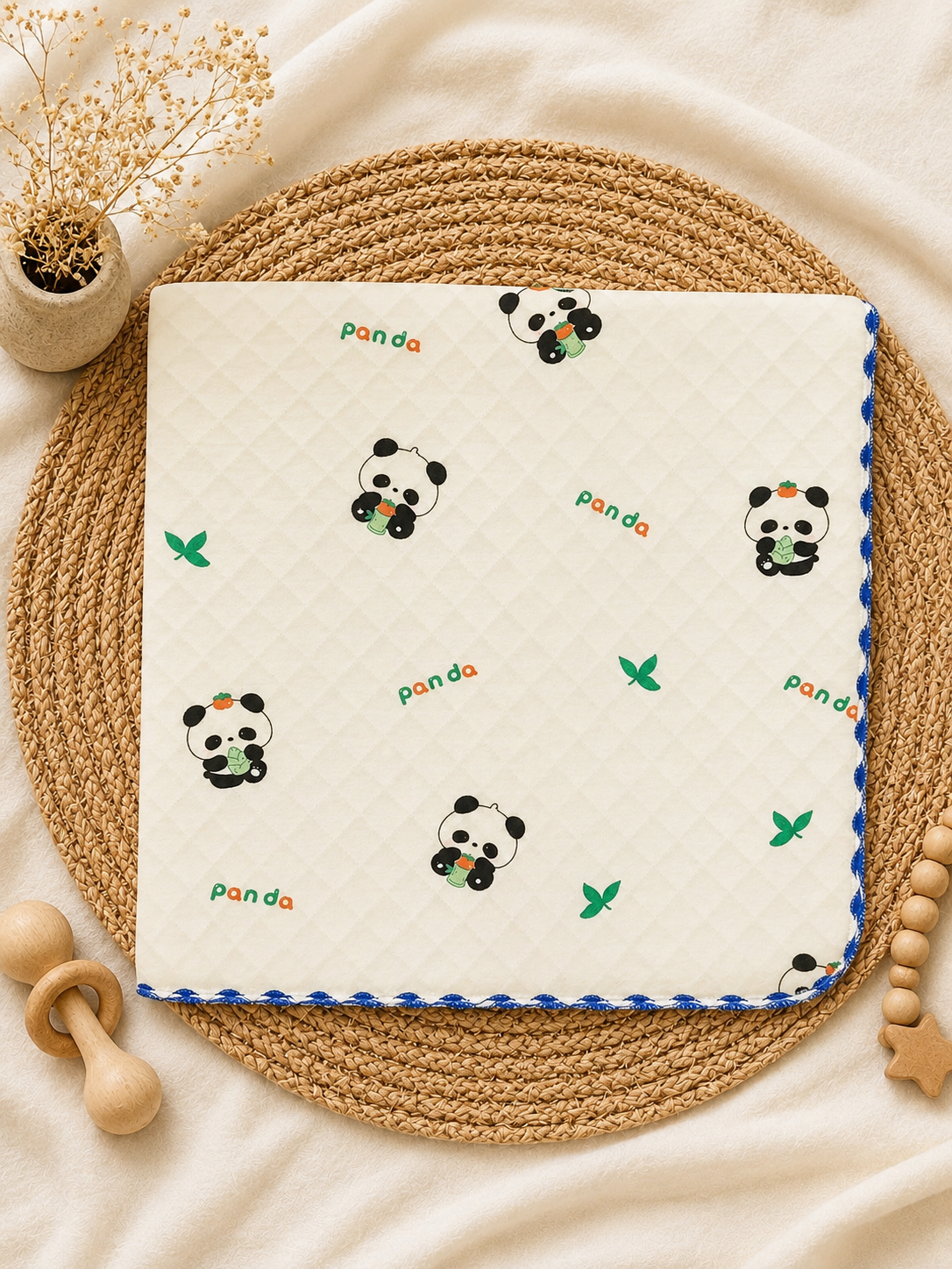 Cream Panda Leaves Quilt Receiving Blanket