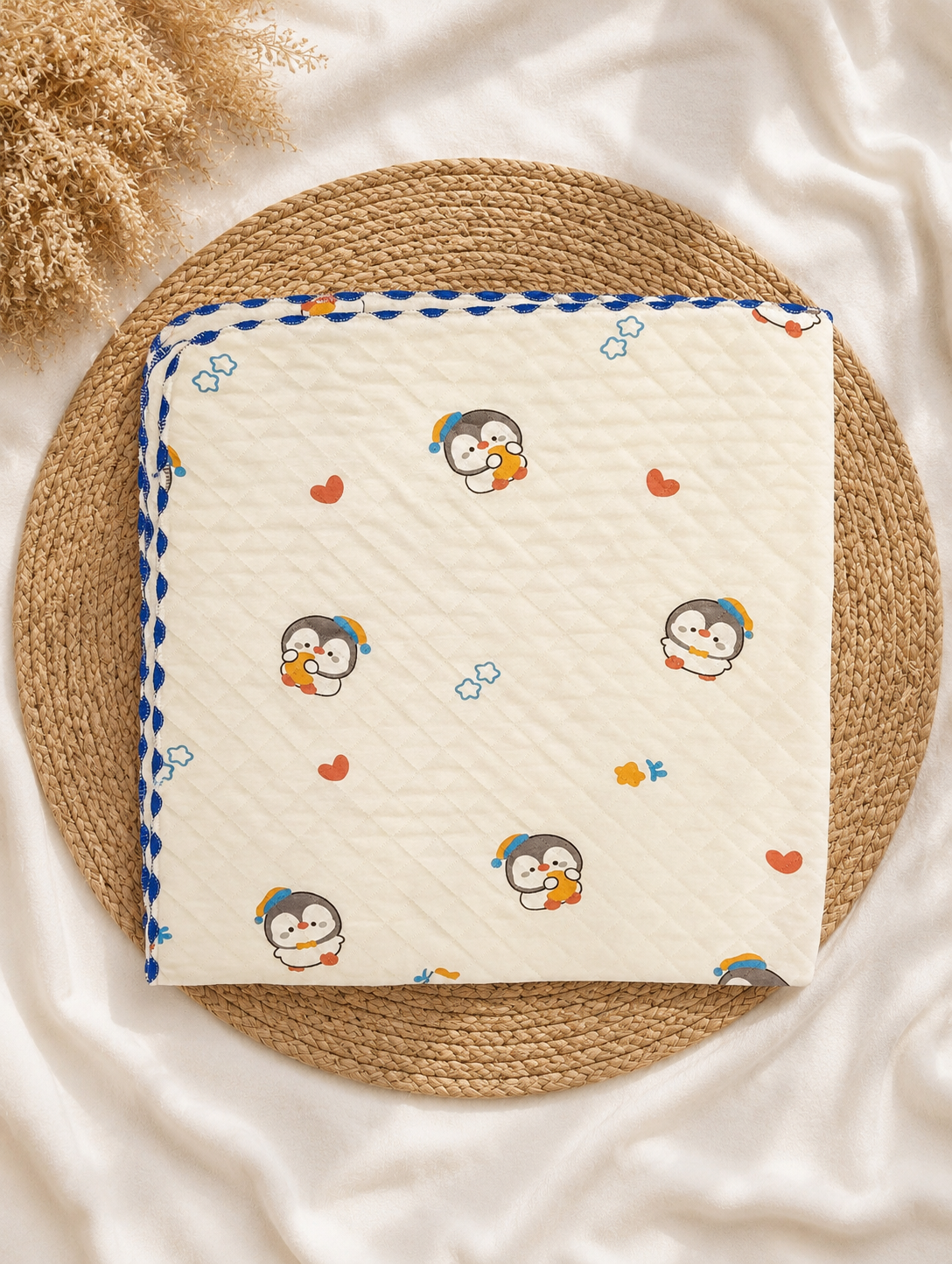 Cream Penguin Quilt Receiving Blanket