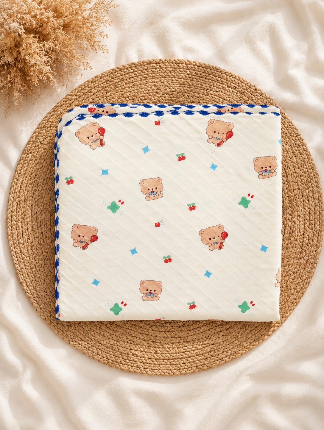 Cream Teddy With Spoon Quilt Receiving Blanket