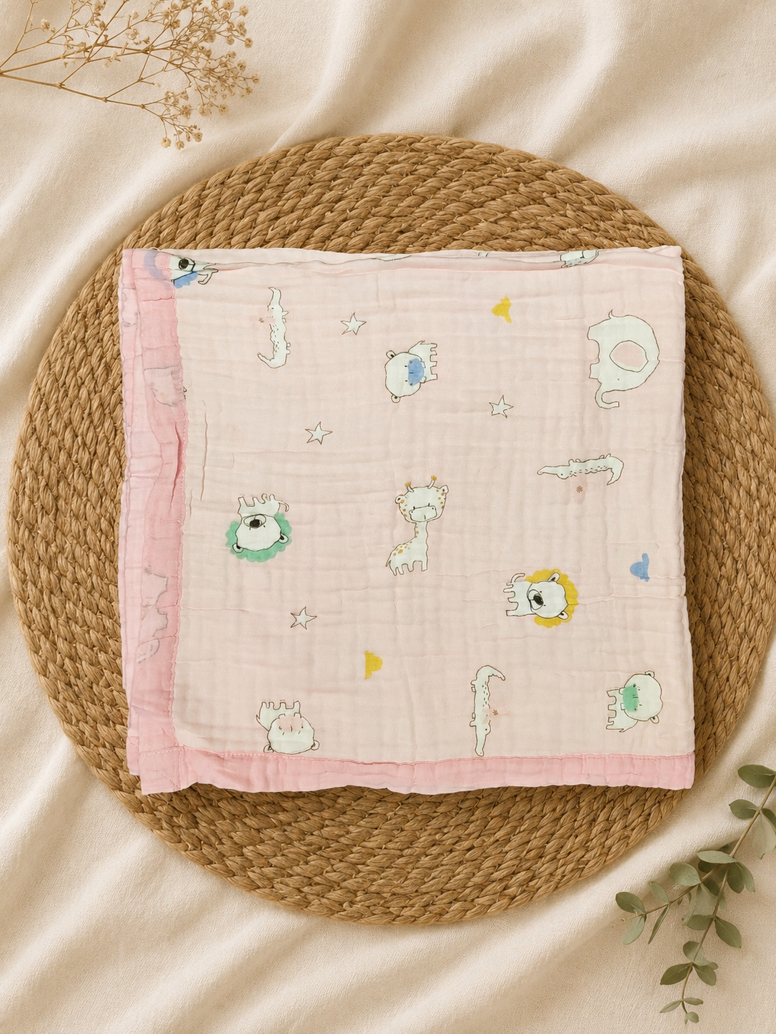 Crocodile & Pink Giraffe  6-Layer Crinkled Muslin Blanket