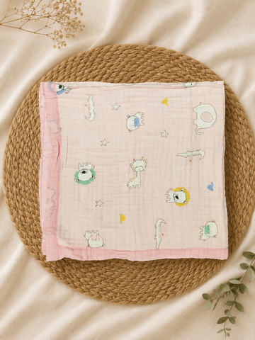 Crocodile & Pink Giraffe  6-Layer Crinkled Muslin Blanket
