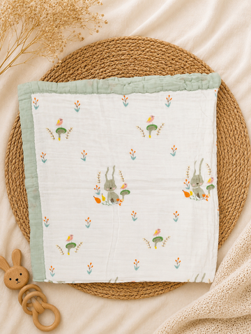 Green Rabbit 6-Layer Crinkled Muslin Blanket