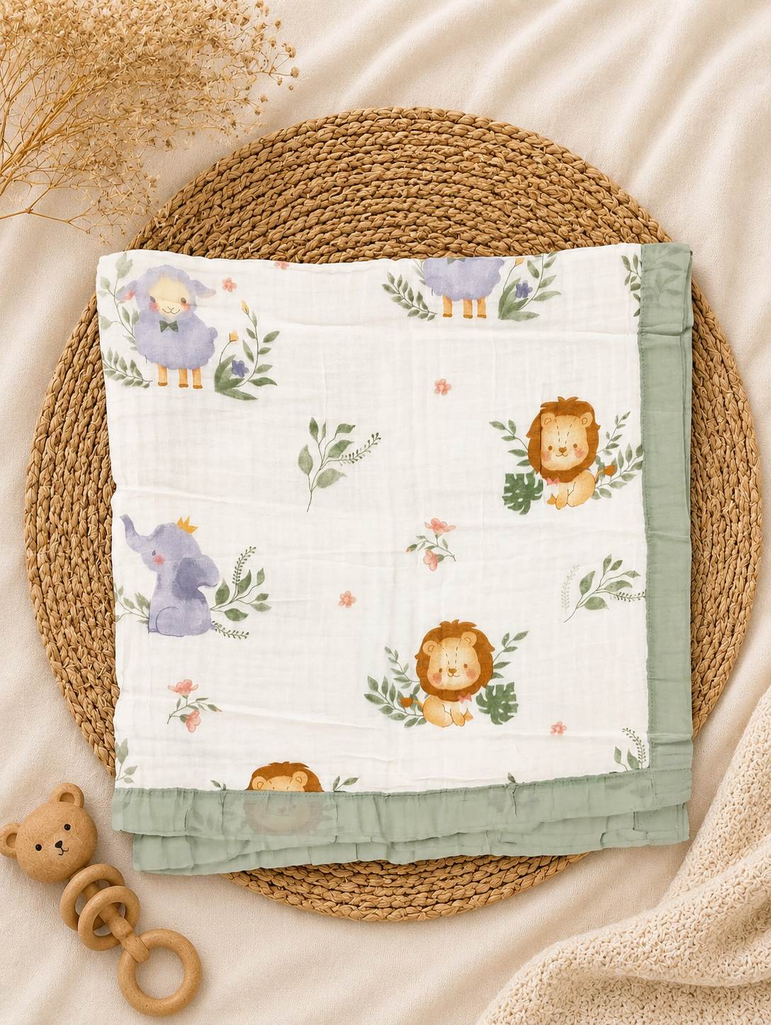 Light Green Simba 6-Layer Crinkled Muslin Blanket