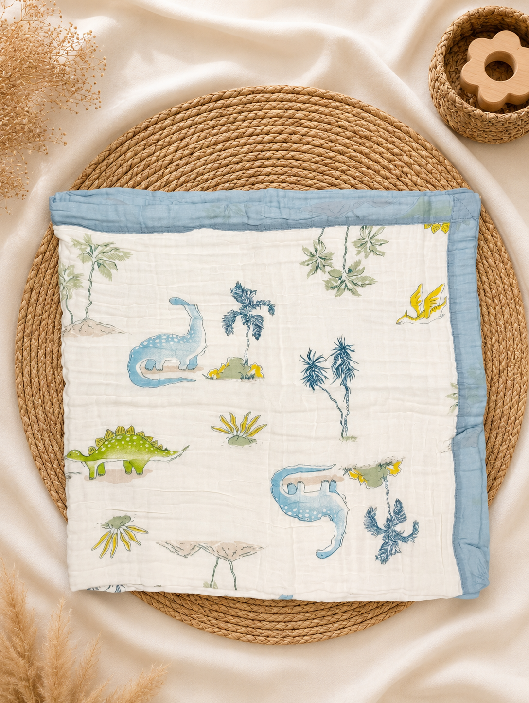 Light Navy Dinosaur 6-Layer Crinkled Muslin Blanket