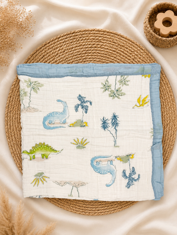 Light Navy Dinosaur 6-Layer Crinkled Muslin Blanket