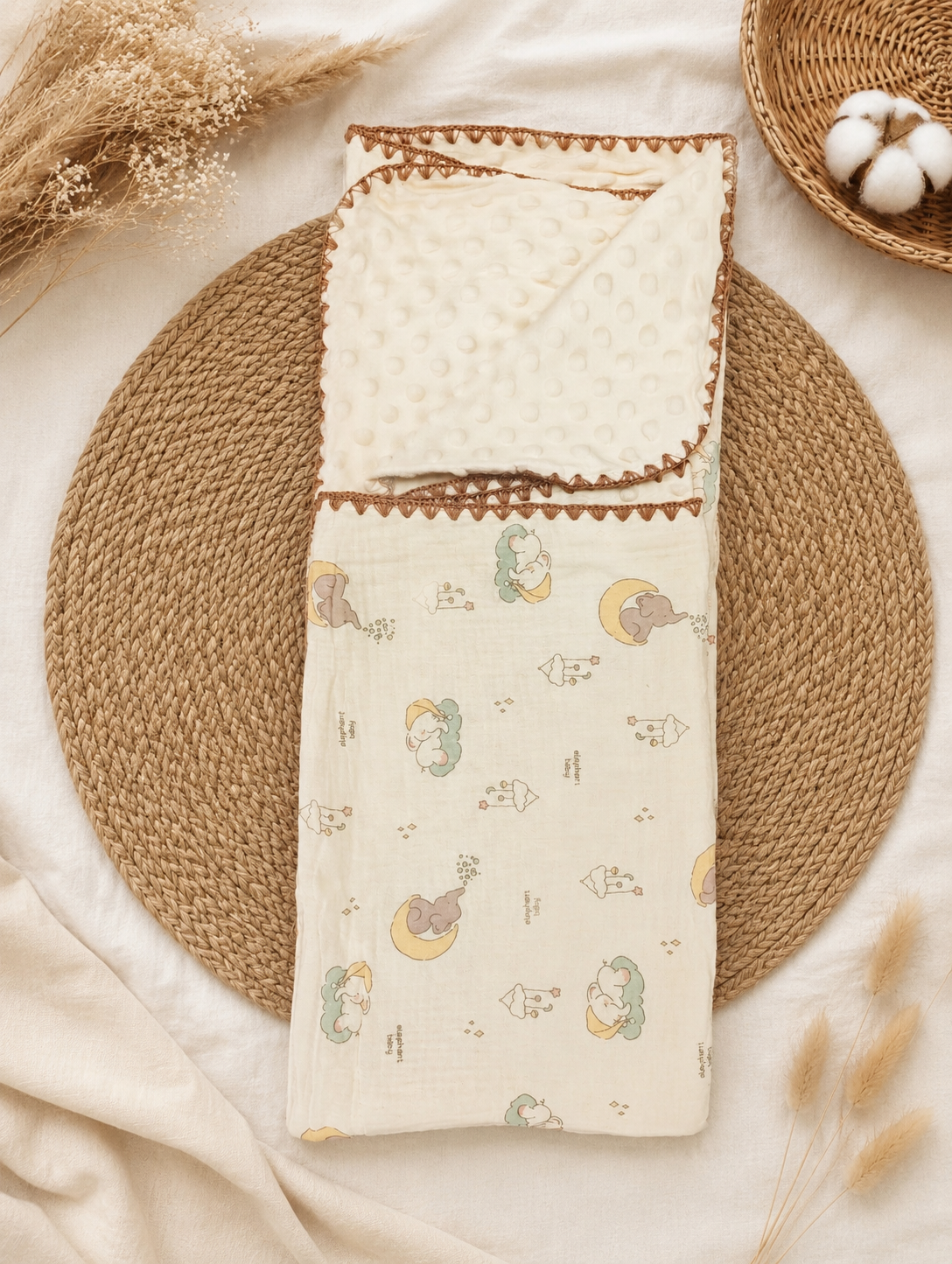 Moon & Clouds With Elephant Muslin Bubble Blanket
