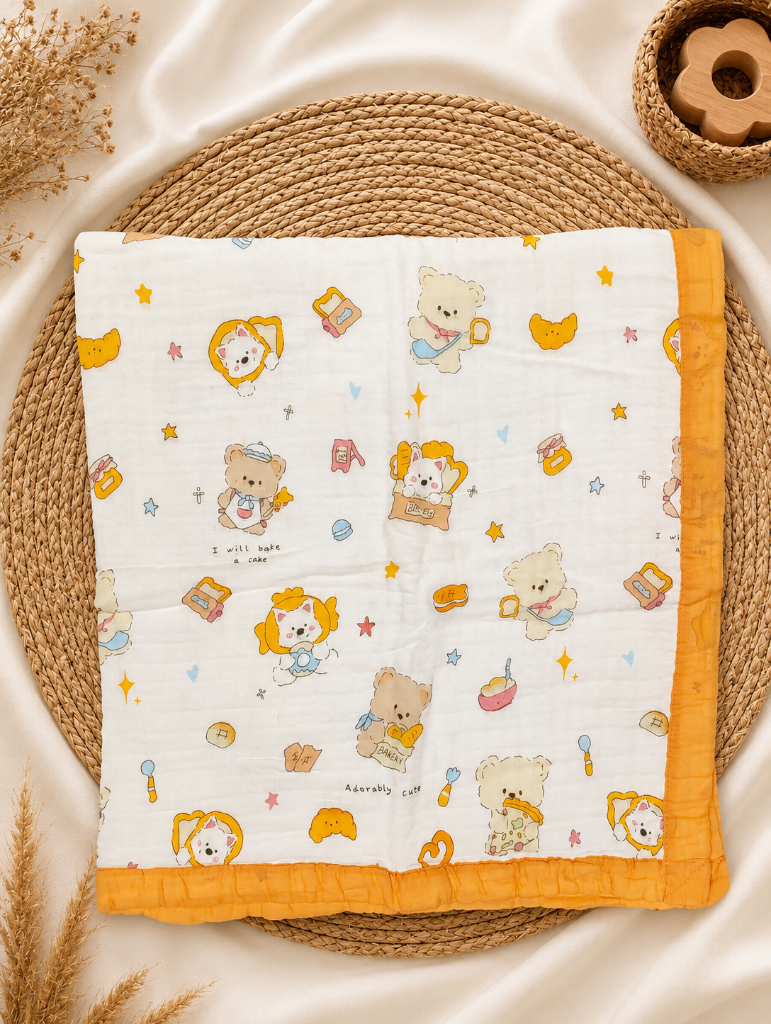 Orange Baker Teddy 6-Layer Crinkled Muslin Blanket