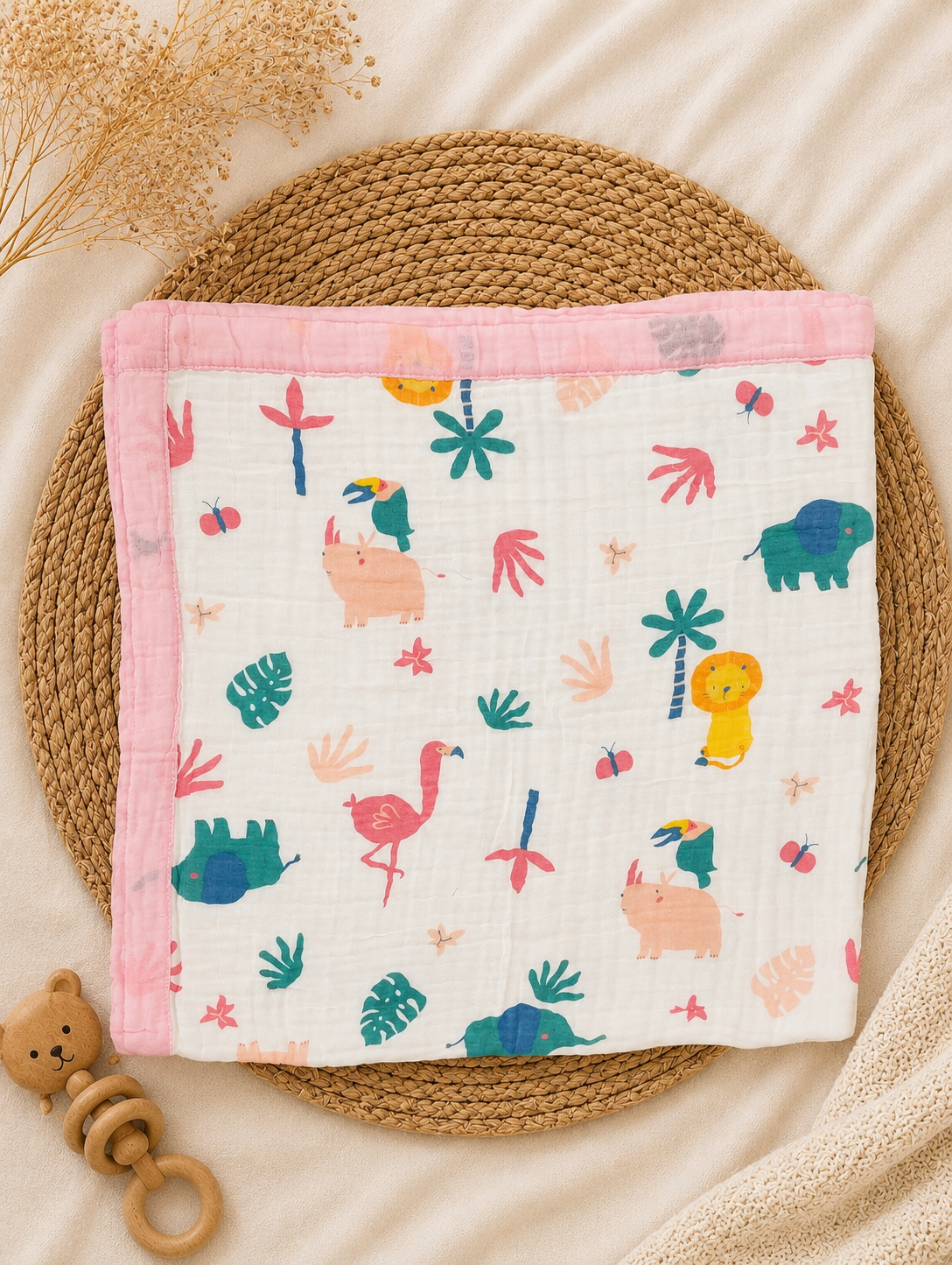Pink Crane & Simba 6-Layer Crinkled Muslin Blanket