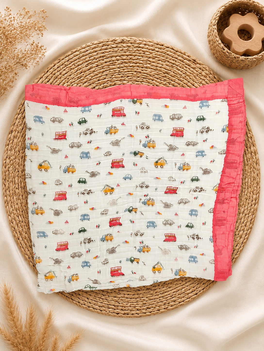 Red Stripes Bus 6-Layer Crinkled Muslin Blanket