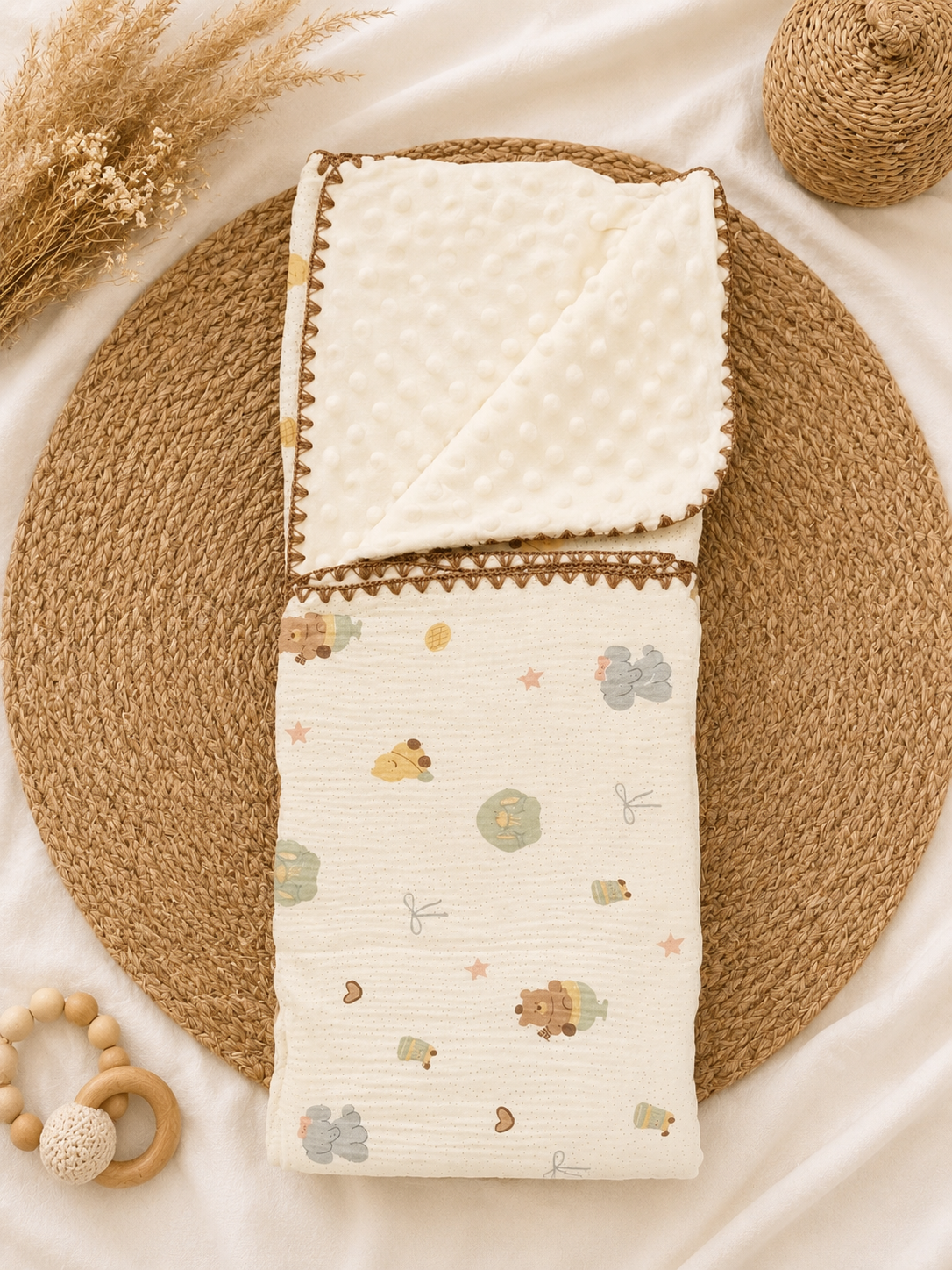 Teddy & Elephant Muslin Bubble Blanket