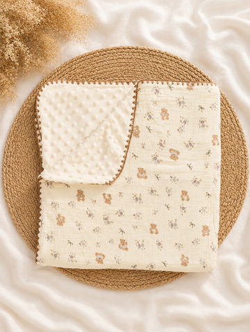 Teddy With Bow Muslin Bubble Blanket