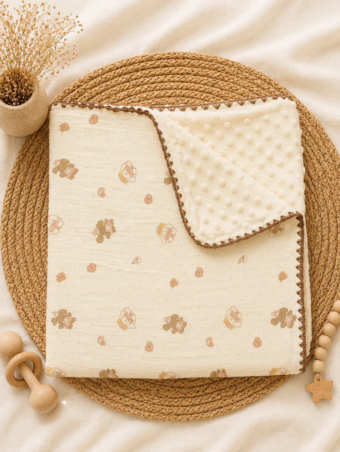 Teddy With Cap Muslin Bubble Blanket