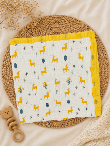 Yellow Deer 6-Layer Crinkled Muslin Blanket