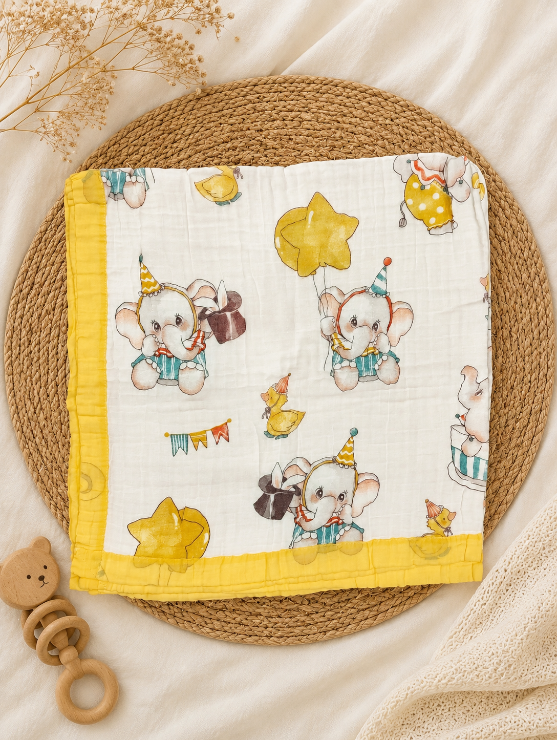 Yellow Elephant  6-Layer Crinkled Muslin Blanket